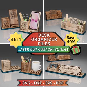 Organizador de mesa personalizado 4 em 1, arquivos cortados a laser, porta-lápis com corte a laser, pacote SVG, arquivos Glowforge com nome de mesa, design de suporte para porta-copos grátis