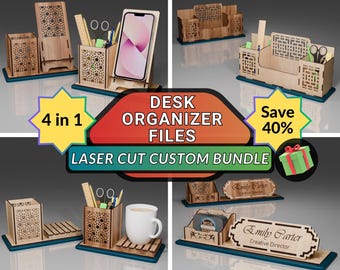 4 in 1 Custom Desk Organizer Laser Cut Files, Pencil Holder Laser Cut SVG Bundle, Desk Name Glowforge Files, Free Coaster Holder Design