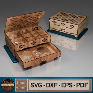 File SVG per scatola portagioie tagliata al laser, organizer da 13 scomparti con modello per cassetto, contenitore per gioielli con coperchio decorativo per taglio laser