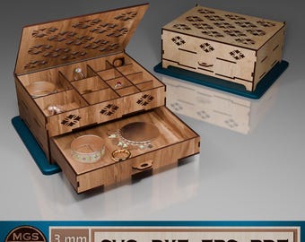 Laser Cut Jewelry Box SVG File, 13-Compartment Organizer with Drawer Template, Decorative Lid Jewelry Storage for Laser Cut