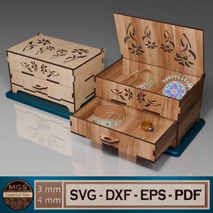 Archivo SVG de caja de joyería cortada con láser, plantilla de organizador de cajón y tapa con patrón de flores, caja de almacenamiento de joyas personalizada para corte con láser