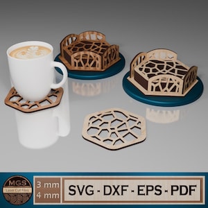 May include: Three laser cut wooden coasters with a geometric pattern. The coasters are 3 mm or 4 mm thick and are available in SVG, DXF, EPS, and PDF formats.