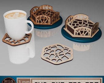 Laser Cut Hexagon Coaster SVG File with Stackable Holder, Geometric Drink Coaster Set Template, Modern Hexagon Coasters for Laser Cutting