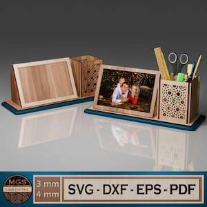 Lasergesneden etui met SVG-bestand voor fotolijst, bureauhoudersjabloon, fotohouder van 4 x 6 met vak voor briefpapier