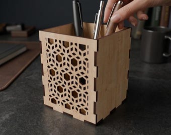 Laser Cut Geometric Pencil Holder SVG File, Desk Organizer Laser Cutting Design