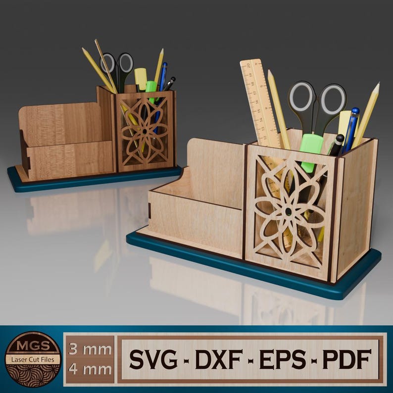May include: Wooden desk organizer with a geometric design. The organizer has a compartment for pens and pencils, a slot for a ruler, and a tray for other items. The organizer is made of light brown wood and has a teal base.
