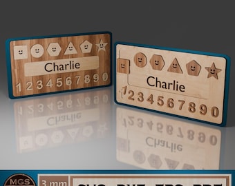 Archivo SVG de rompecabezas educativo cortado con láser, diseño de juguete de aprendizaje de números y formas geométricas para corte por láser, plantilla de rompecabezas con nombres para niños