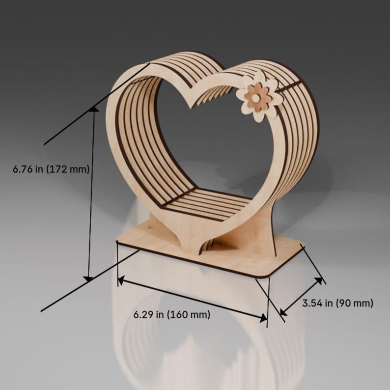 May include: A wooden heart-shaped shelf with a small flower design. The shelf is 17.2 cm tall, 16 cm wide, and 9 cm deep.
