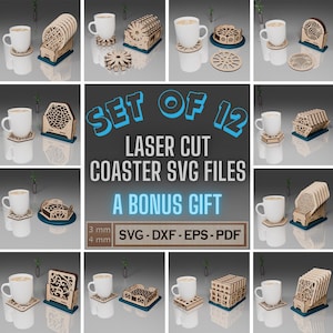 Laser Cut Coaster Bundle SVG File, Set of 12 Coaster Holder Digital Template, Custom Design Drink Coaster Vector Design