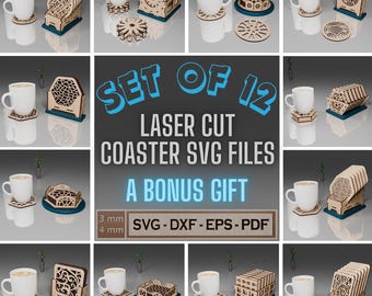 Laser Cut Coaster Bundle SVG File, Set of 12 Coaster Holder Digital Template, Custom Design Drink Coaster Vector Design