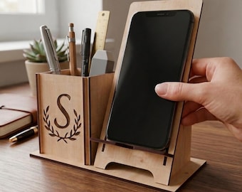 Laser Cut Personalized Phone Stand with Pen Holder SVG File, Monogram Desk Organizer