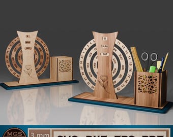 May include: Wooden desk organizer set with a perpetual calendar, pen holder, and small storage box. The calendar features a floral design and displays the date. The pen holder includes scissors, a ruler, and pens. The set is made of light-colored wood.