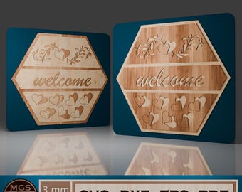 Laser Cut Hexagon Door Sign SVG File, Heart Pattern Welcome Sign Template, Floral Decor Door Hanger for Laser Cutting