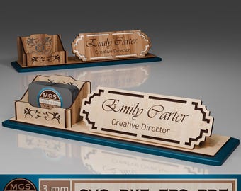 Laser Cut Desk Name Plate with Card Holder, Personalized Office Sign, Business Card Display, Wooden Desk Organizer, Executive Name Plate