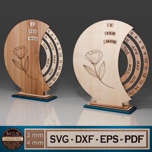Calendario perpetuo tagliato al laser File SVG, calendario da tavolo rotante con modello di decorazione floreale, data keeper SVG per la casa