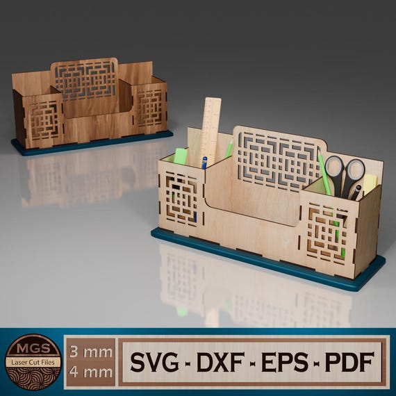 Laser Cut Pencil Holder SVG File, Modern Desk Organizer Plans for Laser, Creative Stationery Holder Design for Laser Cutting