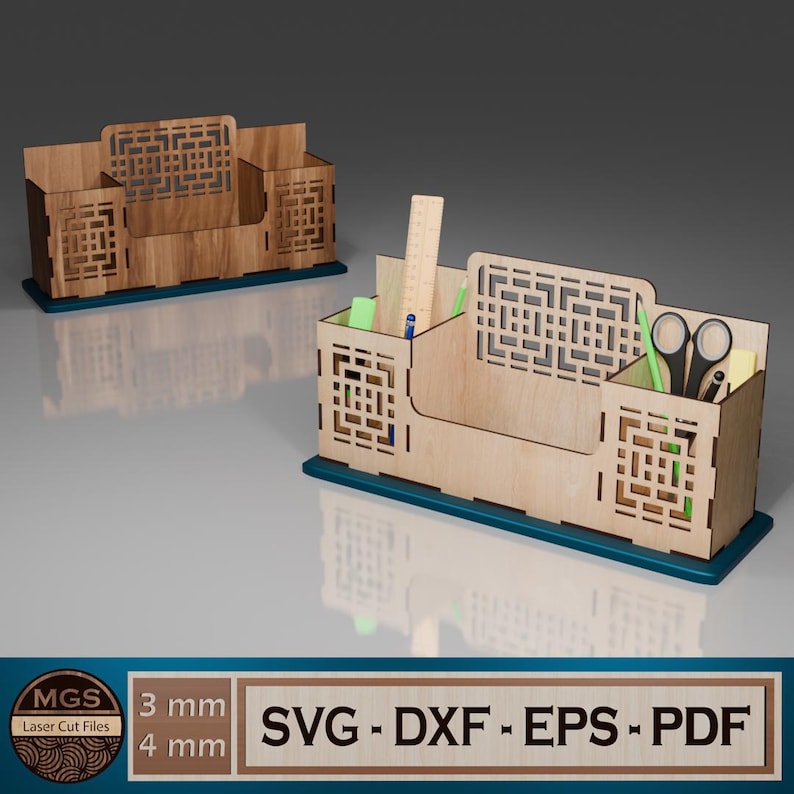 Puede incluir: Un organizador de escritorio de madera con un dise&ntilde;o geom&eacute;trico. El organizador tiene cuatro compartimentos, incluyendo un compartimento alto para bol&iacute;grafos y l&aacute;pices, un compartimento ancho para papel y dos compartimentos m&aacute;s peque&ntilde;os para otros art&iacute;culos. El organizador est&aacute; hecho de madera marr&oacute;n claro y tiene una base azul oscuro.