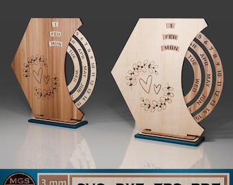Laser Cut Hexagon Perpetual Calendar SVG File, Floral Decor Rotating Date Display Template, Desk Calendar Design for Laser