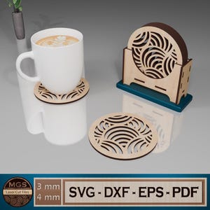 Laser Cut Circle Coaster and Holder SVG File, Set of 6 Round Coasters with Vertical Holder Template, Stylish Coaster Set for Home and Office