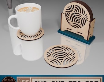 Laser Cut Circle Coaster and Holder SVG File, Set of 6 Round Coasters with Vertical Holder Template, Stylish Coaster Set for Home and Office