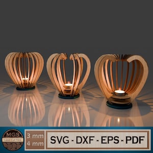 Conjunto de 3 porta-velas de coração cortado a laser SVG, modelo elegante para porta-velas, acessório decorativo para corte a laser