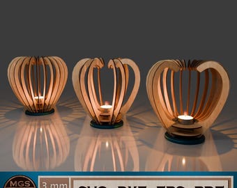 Set of 3 Laser Cut Heart Candle Holder SVG File, Elegant Tea Light Holder Template, Decorative Accessory for Laser Cut