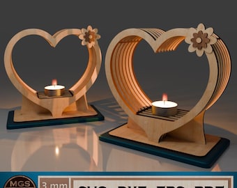 Laser Cut Heart Shaped Tealight Holder SVG File, Romantic Candle Holder Glowforge Files, Floral Tealight Stand for DIY Wedding Decor