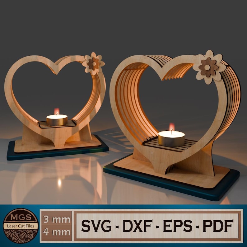 May include: Two wooden heart-shaped candle holders with a decorative flower design. The holders are made of laser-cut wood and are available in 3 mm or 4 mm thickness. SVG, DXF, EPS, and PDF files are included.