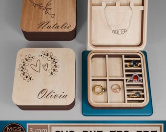 Laser Cut Personalized Travel Jewelry Box SVG File, Square Ring Organizer Template, Earring Box Design for Laser Cutting