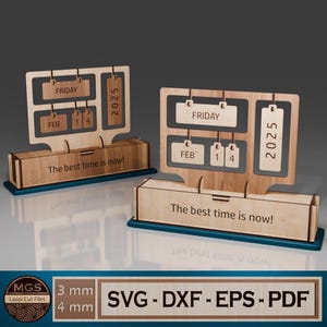 Laser geschnitten Ewiger Tischkalender SVG-Datei mit Box, hängende Datumsanzeige digitale Vorlage, Büro Accessoire zum Laserschneiden