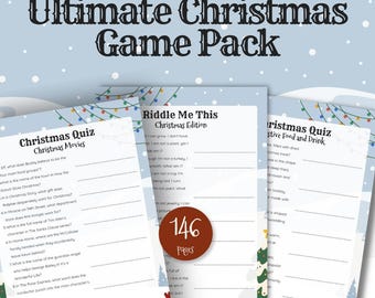 May include: A set of three printable Christmas quiz game cards with a festive winter background. The cards feature a Christmas tree, a snowman, and a Santa Claus. The titles of the quizzes are "Christmas Movies", "Riddle Me This Christmas Edition", and "Christmas Quiz Festive Food and Drink".