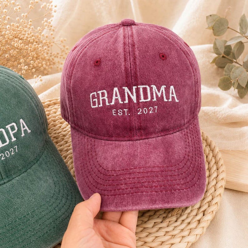 Custom Grandpa Grandma Embroidered Baseball Cap, Personalized Est Year Hat, Grandbaby Pregnancy Announcement & Baby Shower Gift for New Grandpa