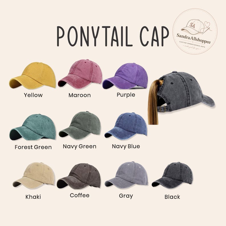 May include: A collection of eleven baseball caps in various colors including yellow, maroon, purple, forest green, navy green, navy blue, khaki, coffee, gray, and black. One cap is shown from the back with a ponytail opening and metal buckle.