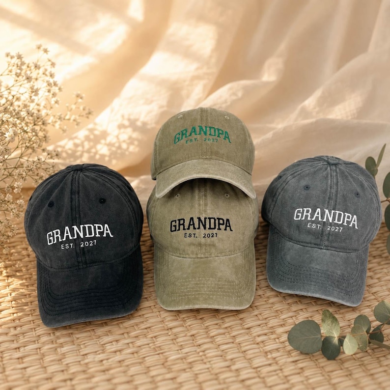 Custom Grandpa Embroidered Baseball Cap, Personalized Est Year Hat, Grandbaby Pregnancy Announcement & Baby Shower Gift for New Grandpa