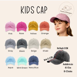 May include: A collection of kids caps in twelve colors including pink, rose, yellow, orange, gray, black, beige, khaki, aqua, mint green, and navy blue. The caps feature a 6.5 cm brim, 13 cm depth, and are available in sizes 45-57 cm or 18-22 inches.