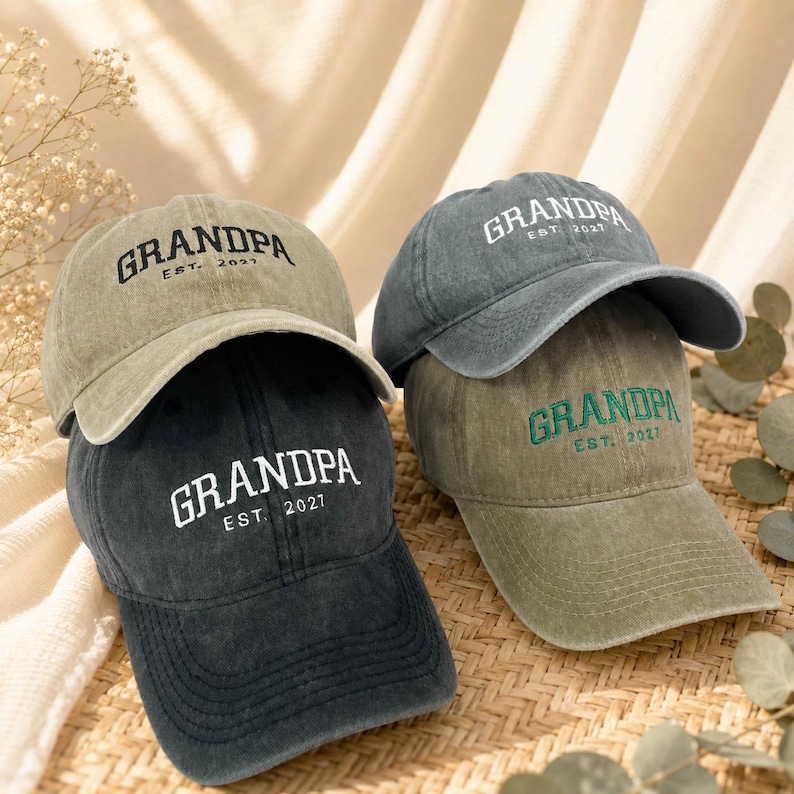Custom Grandpa Embroidered Baseball Cap, Personalized Est Year Hat, Grandbaby Pregnancy Announcement & Baby Shower Gift for New Grandpa