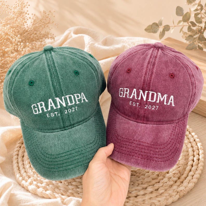 Custom Grandpa Grandma Embroidered Baseball Cap, Personalized Est Year Hat, Grandbaby Pregnancy Announcement & Baby Shower Gift for New Grandpa