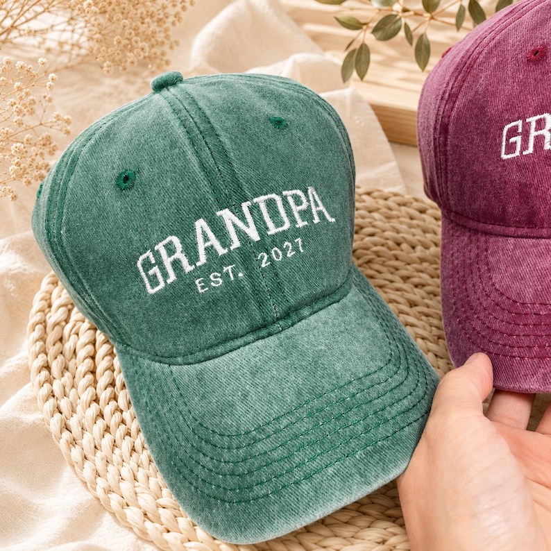 Custom Grandpa Grandma Embroidered Baseball Cap, Personalized Est Year Hat, Grandbaby Pregnancy Announcement & Baby Shower Gift for New Grandpa