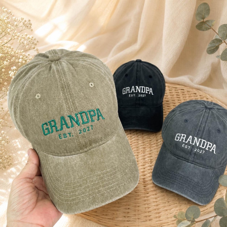 Custom Grandpa Embroidered Baseball Cap, Personalized Est Year Hat, Grandbaby Pregnancy Announcement & Baby Shower Gift for New Grandpa