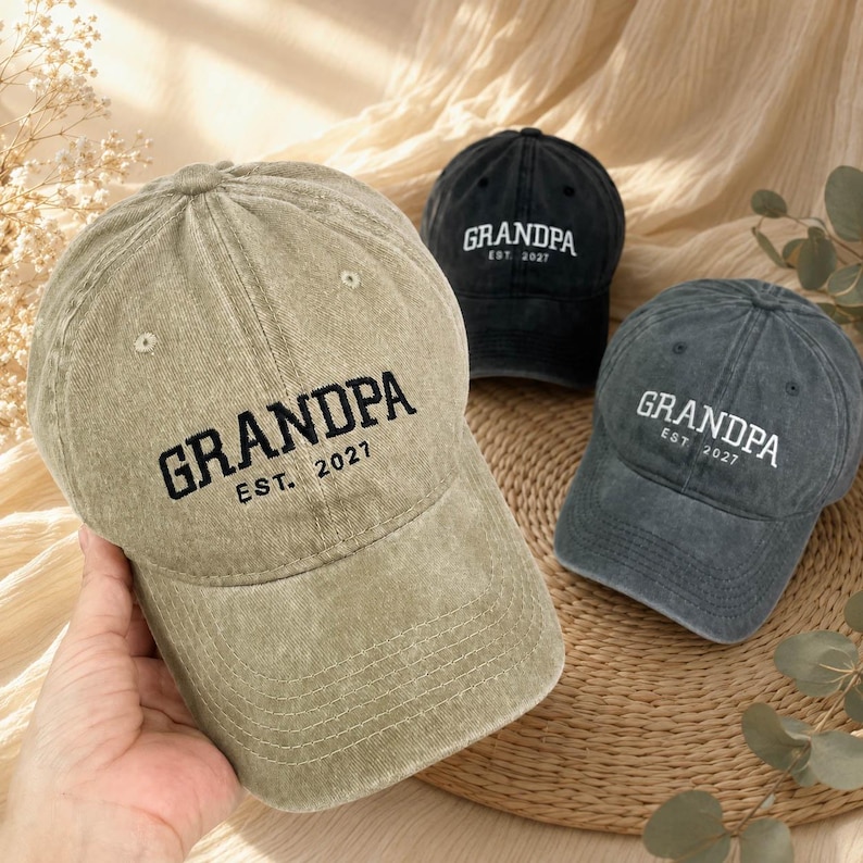 Custom Grandpa Embroidered Baseball Cap, Personalized Est Year Hat, Grandbaby Pregnancy Announcement & Baby Shower Gift for New Grandpa