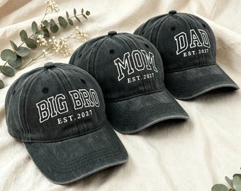 Gorras personalizadas bordadas a juego para mamá, papá y hermano mayor (EST 2027), gorras familiares para anunciar el embarazo, regalo para revelar la llegada del nuevo hermano mayor, regalos para padres primerizos.