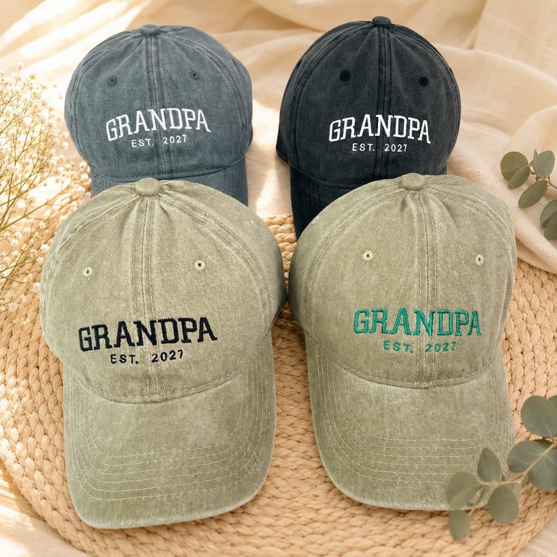 Custom Grandpa Embroidered Baseball Cap, Personalized Est Year Hat, Grandbaby Pregnancy Announcement & Baby Shower Gift for New Grandpa