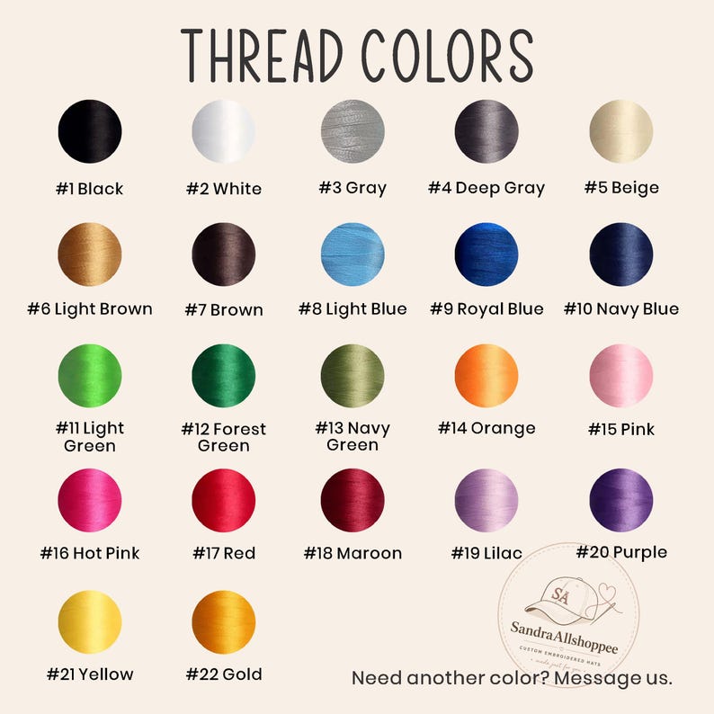 May include: A color chart titled THREAD COLORS displaying twenty-two numbered circular swatches of embroidery thread in various shades including black, white, gray, beige, brown, blue, green, orange, pink, red, maroon, lilac, purple, yellow, and gold.