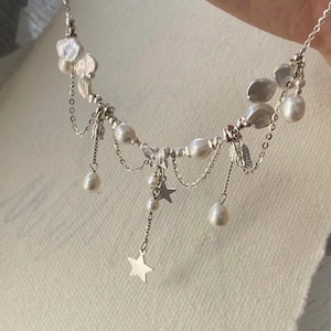 Sterling Silver Pearl Star Necklace, Delicate Dainty Pearl Necklace, Celestial Wedding Jewelry, Fairycore Aesthetic Necklace