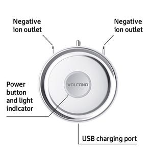 May include: A white and silver Volcano air purifier with a power button, light indicator, and USB charging port. The device has two negative ion outlets. The Volcano logo is visible on the front.