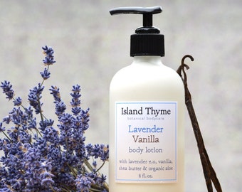 Lavender Vanilla Body Lotion - an exquisite scent! with organic aloe, sweet almond oil & shea butter.  Fantastic for dry skin.  8 oz. bottle