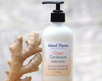 Ginger Cardamom Lotion, spicy & sensuous scent with organic aloe, sweet almond oil and shea butter.  Fantastic for dry skin.  8 oz. bottle