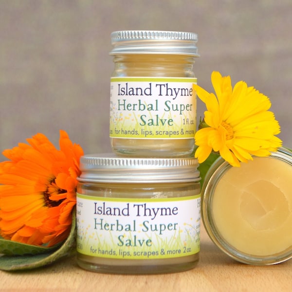 Herbal Super Salve  Our go-to/cure-all skin remedy.  Great for dry skin, hands, feet, rashes, lips, cuticles and more!  1 oz 2 oz glass jar