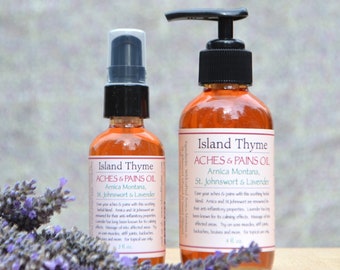 Aches & Pains Oil, infusion of arnica montana, st. johnswort and lavender essential oil.  Made with fresh wildcrafted flowers.  2 oz or 4 oz