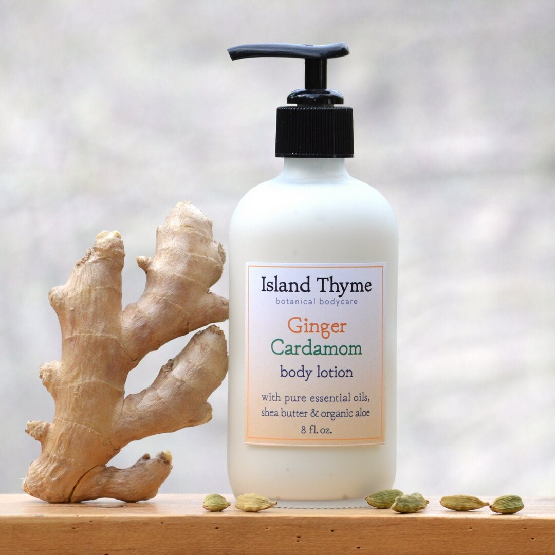 Ginger Cardamom Lotion, spicy & sensuous scent with organic aloe, sweet almond oil and shea butter.  Fantastic for dry skin.  8 oz. bottle